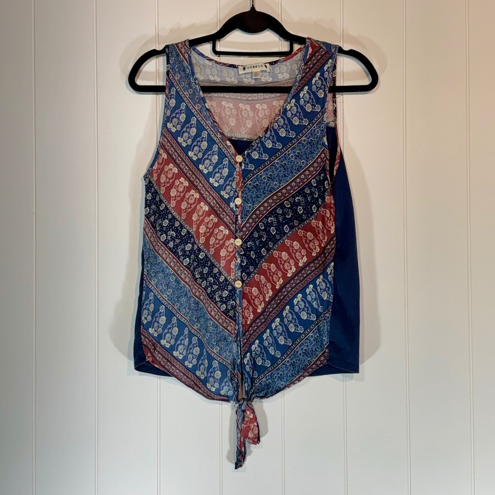 Agenda Womens Medium Blue Red Paisley Floral Tie Front Sleeveless Blouse Top